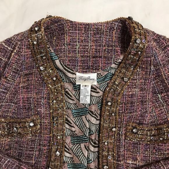 Tracy Reese Tweed Beaded Jacket Size 2 | Purple Metallic Cropped Blazer - Picture 2 of 6